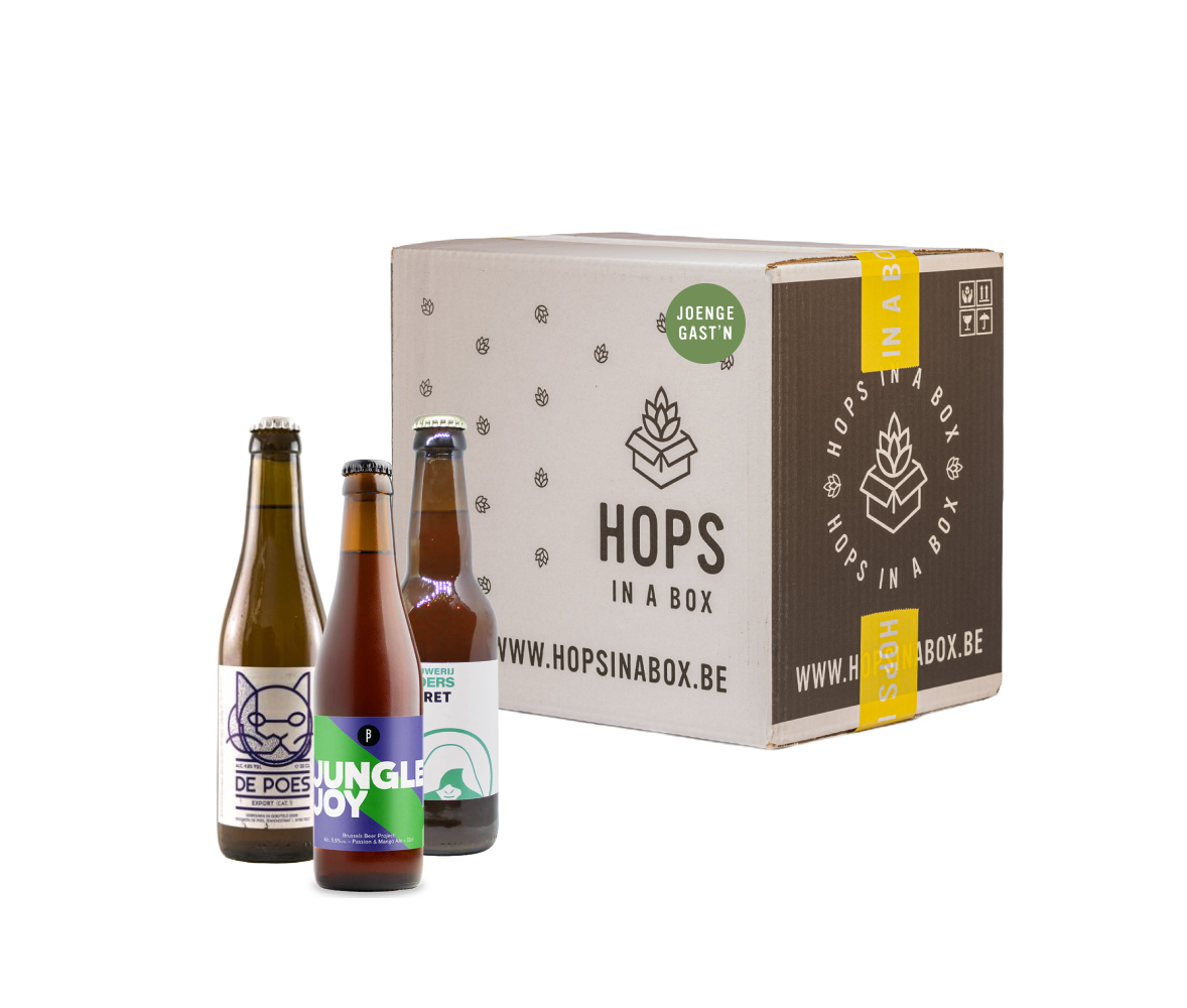 Joenge gasten hops in a box bier bierpakketten bier biergeschenk biercadeau bier hip brouwerij belgisch lokaal