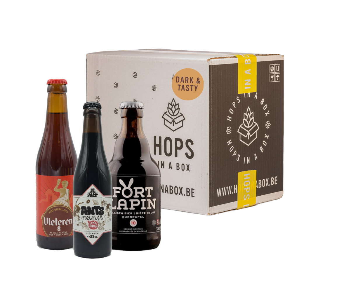 Hops in a box Bierpakket bier biergeschenk biercadeau bier dark and tasty donker bier